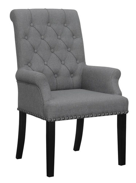 Alana Upholstered Tufted Arm Chair front view showing tufted back and rolled arms