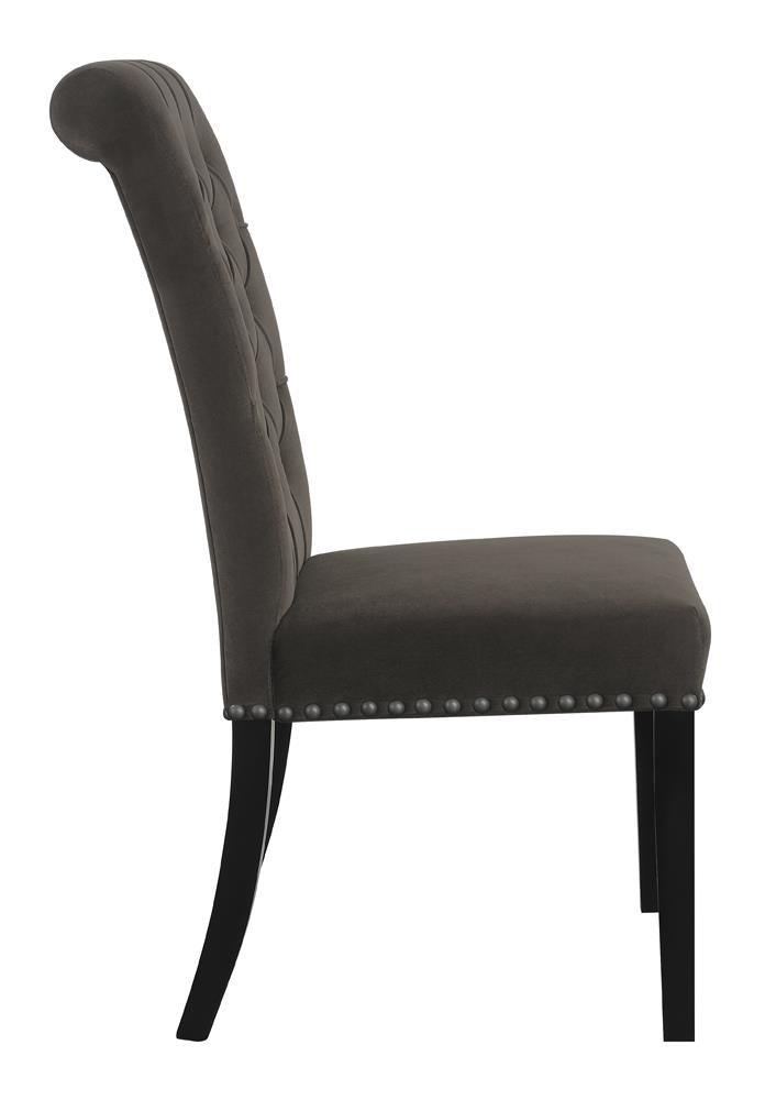 Close-up of button tufting and nailhead trim on Alana Side Chair