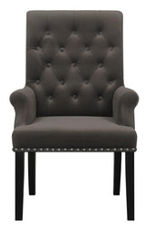 Side angle of Alana Upholstered Arm Chair showing tufted back and rolled arms