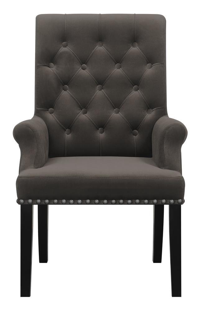 Side angle of Alana Upholstered Arm Chair showing tufted back and rolled arms
