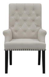 Side view of Alana Upholstered Arm Chair showing rolled arm and tufted back