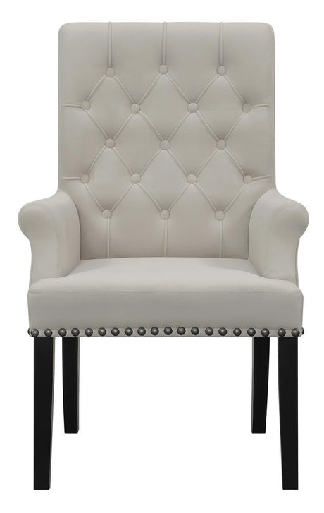 Side view of Alana Upholstered Arm Chair showing rolled arm and tufted back