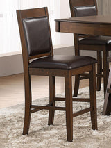 Front view of Dewey Upholstered Counter Height Chairs with brown leatherette and walnut frame