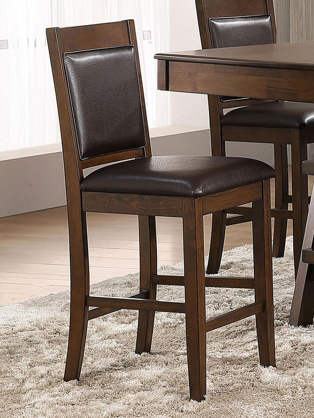 Front view of Dewey Upholstered Counter Height Chairs with brown leatherette and walnut frame