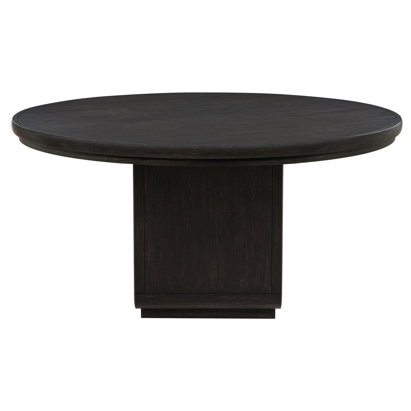Close-up of Leandro table's burnished black finish and square edge