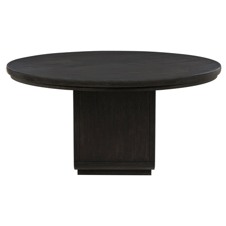 Close-up of Leandro table's burnished black finish and square edge