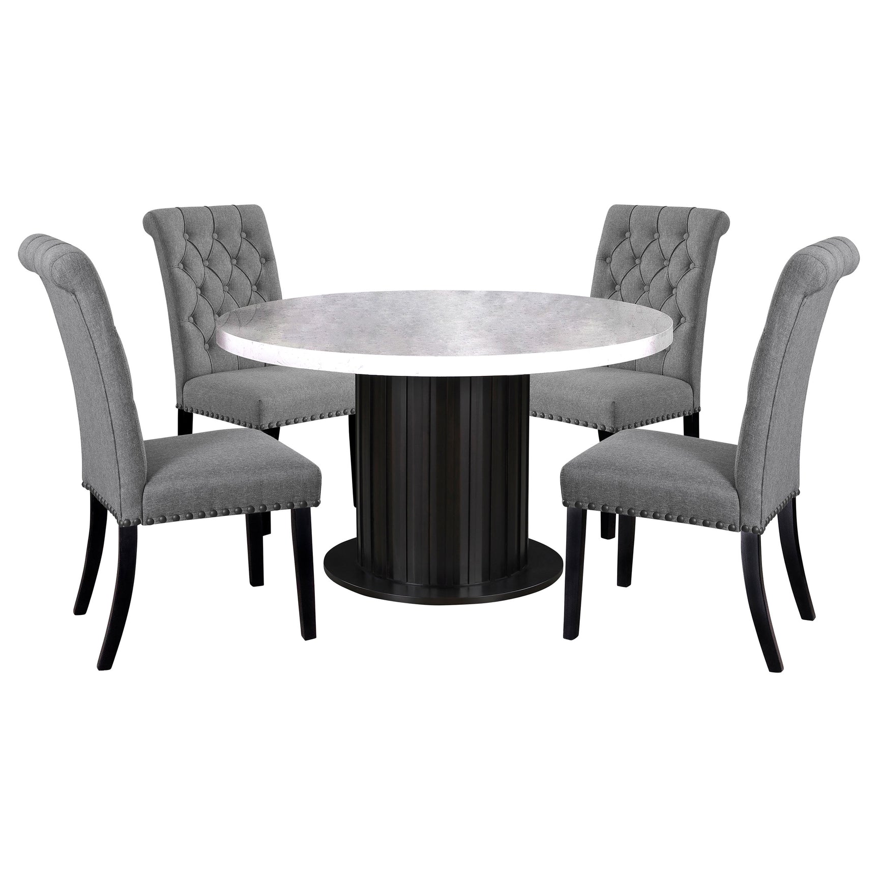Sherry Gray Round Marble Top Dining Set room view showing table and chairs