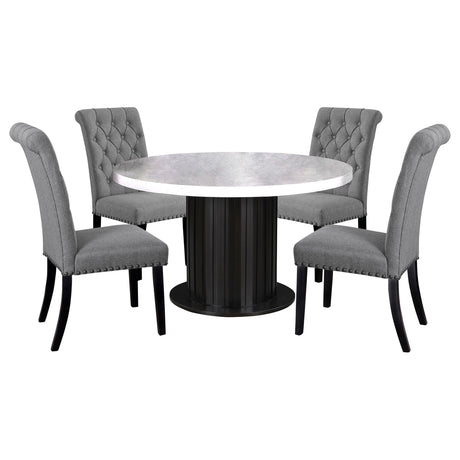 Sherry Gray Round Marble Top Dining Set room view showing table and chairs