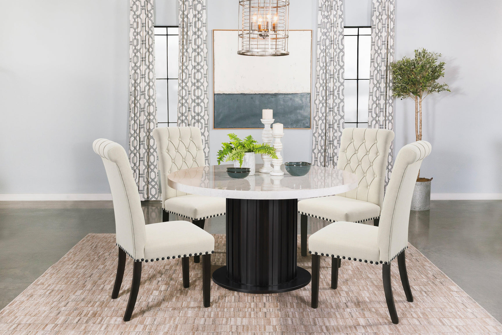 Dining room perspective with Suzanne circular table and chairs