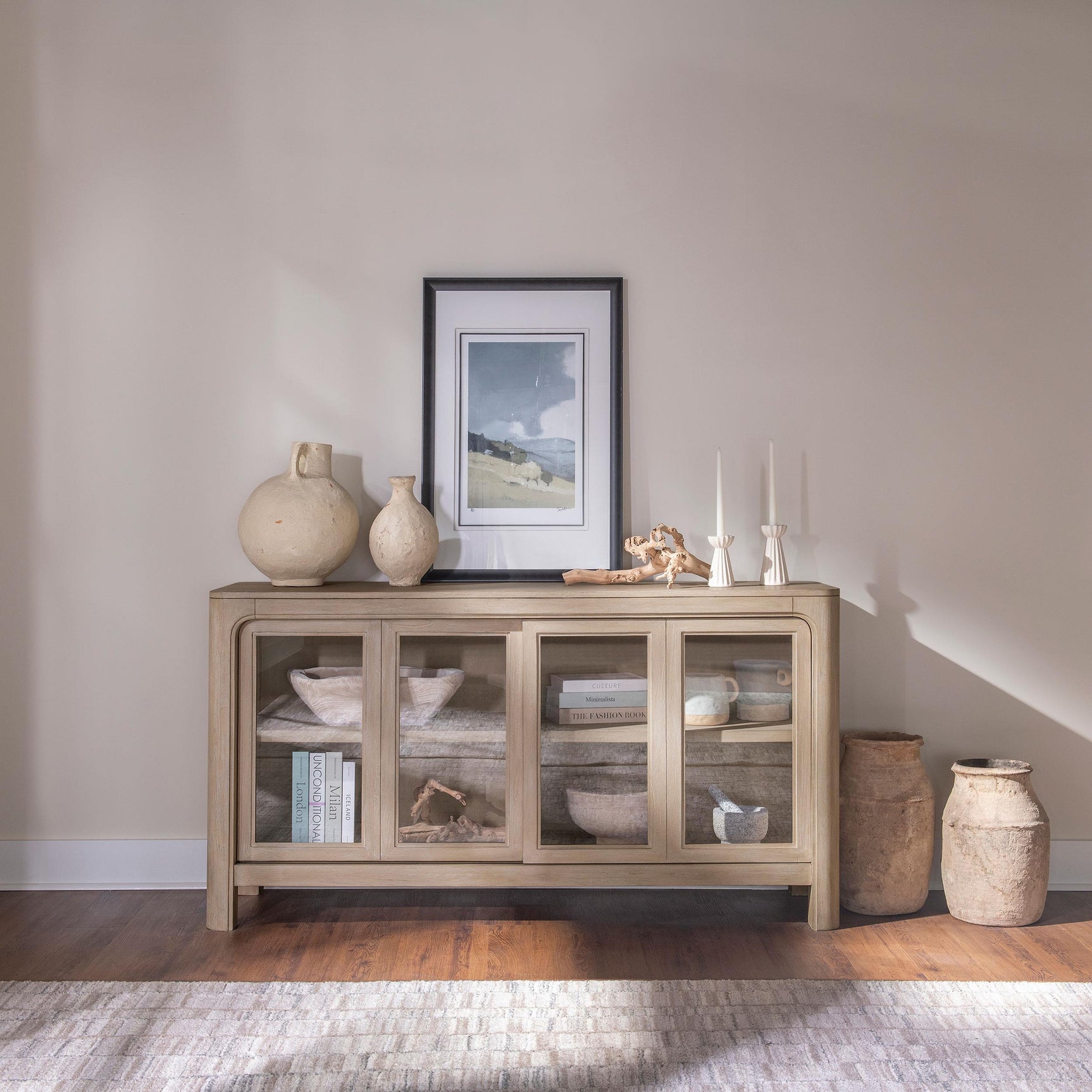 Sideboard close-up showing arched corners and mango veneer