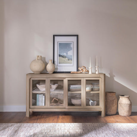 Sideboard close-up showing arched corners and mango veneer