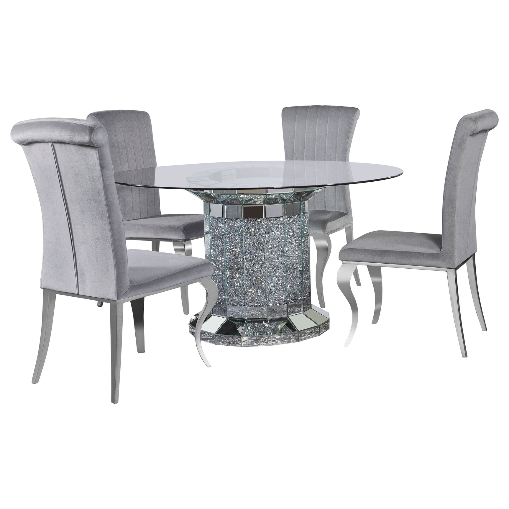 Room view of Ellie Grey Mirrored Pedestal Dining Room Set dining furniture