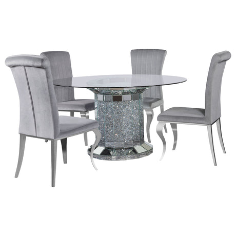 Room view of Ellie Grey Mirrored Pedestal Dining Room Set dining furniture