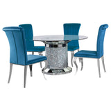 Room view of Ellie teal mirrored pedestal dining room set