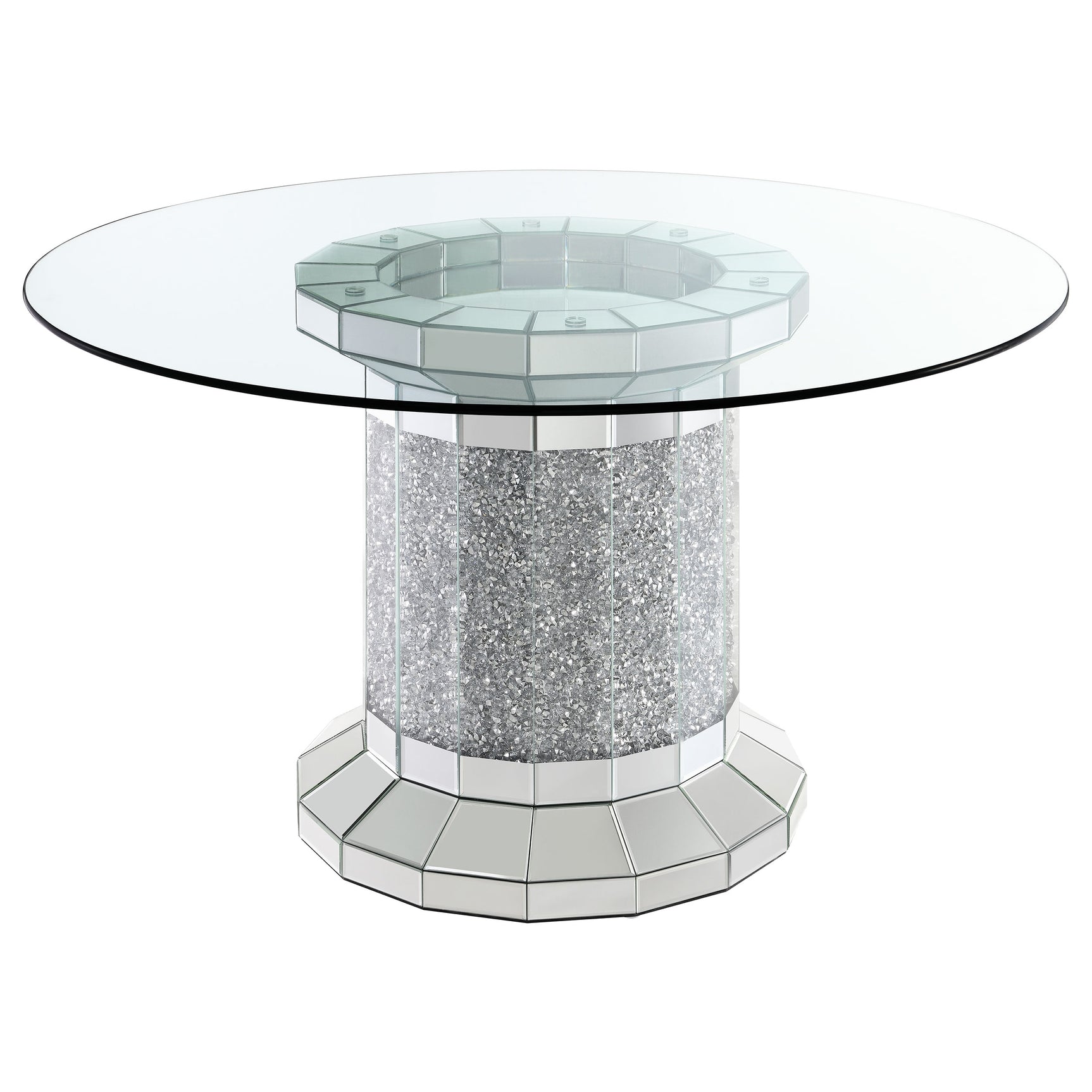 Close-up detail of Ellie teal mirrored pedestal dining room set