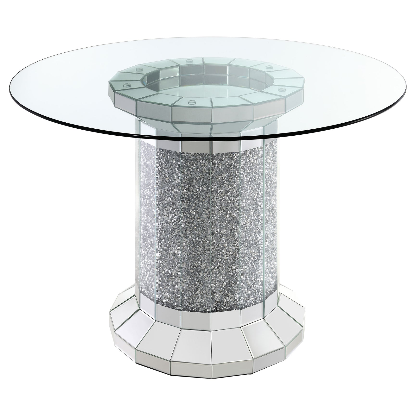 Close-up detail of mirrored accents on Ellie Grey dining set
