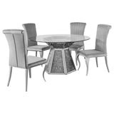 Quinn Gray Round Glass Top Mirrored Dining Room Set room view