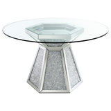 Close-up of Quinn dining set showing glass top and mirrored details
