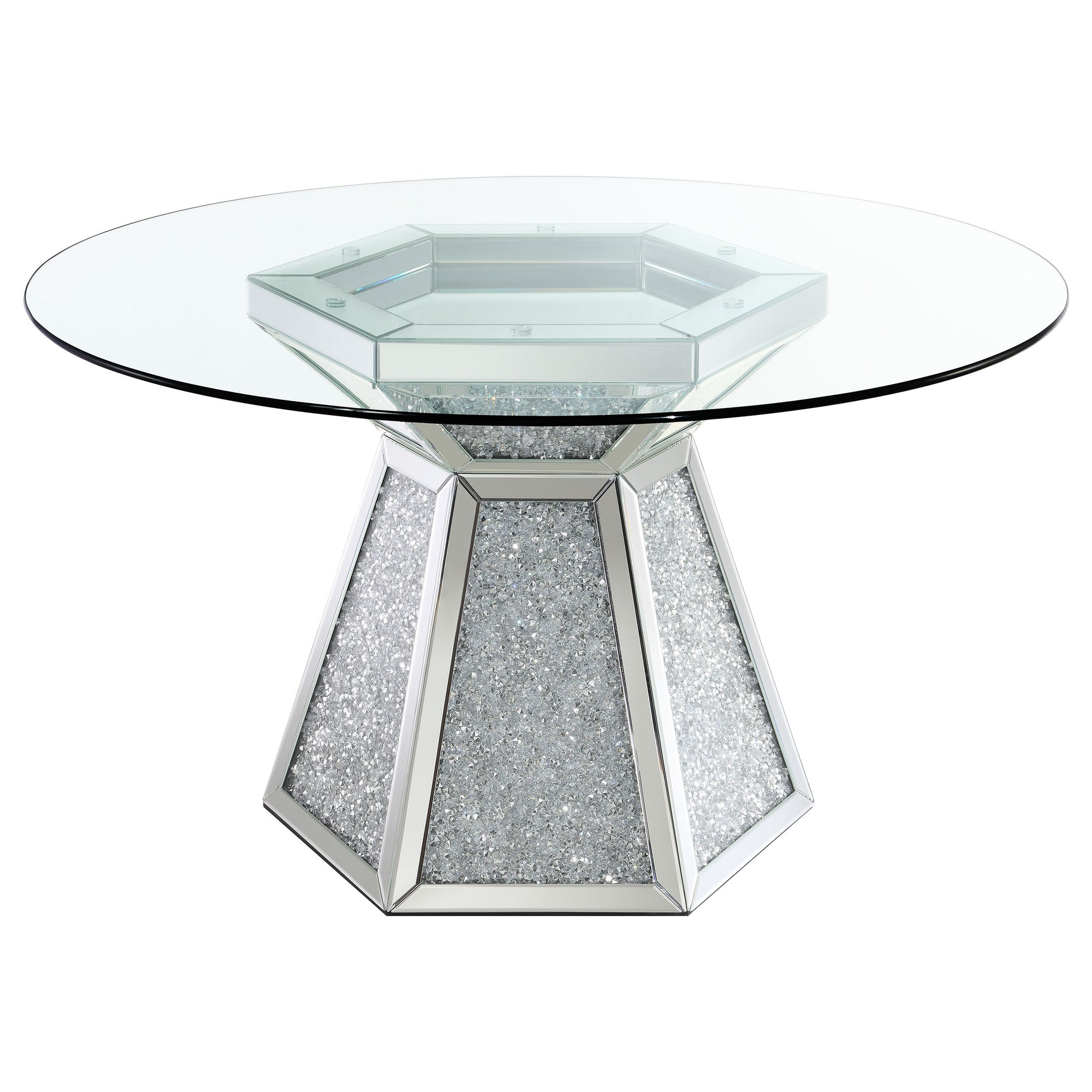 Close-up of Quinn dining set showing glass top and mirrored details