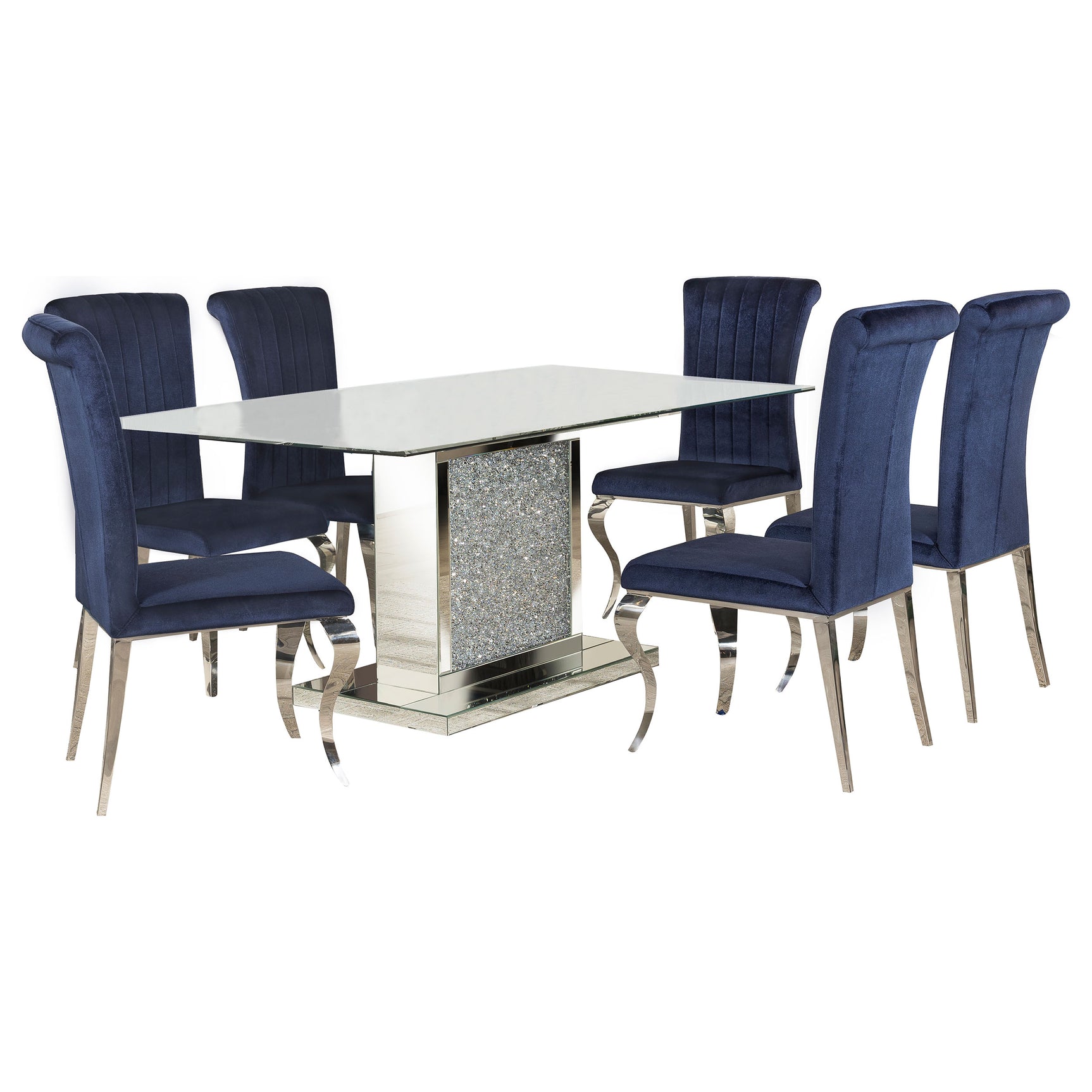 Room view of Marilyn Ink Blue Rectangular Mirrored Dining Room Set dining room furniture