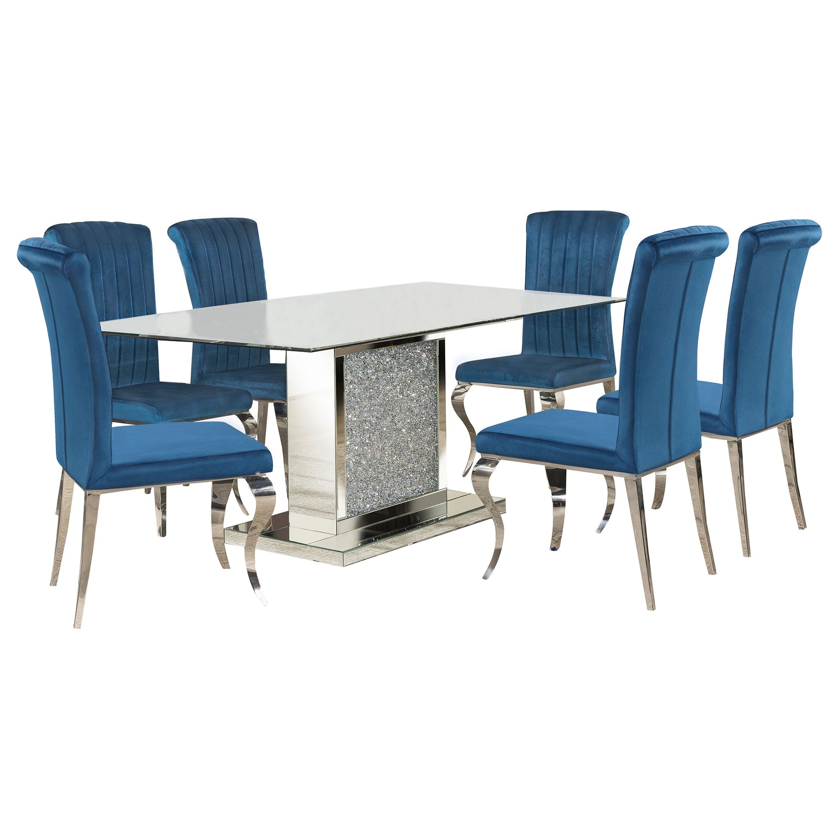 Room view showcasing the Marilyn Blue mirrored dining room set