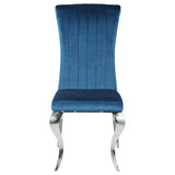 Room perspective highlighting table and chairs in blue finish
