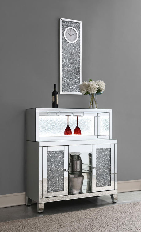 Yvaine wine cabinet front view showing mirrored acrylic doors