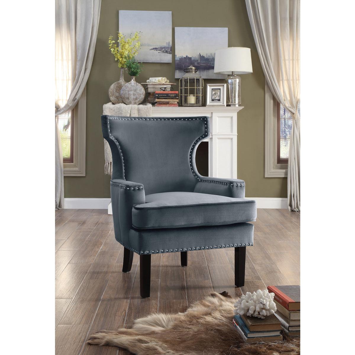 Lapis Gray velvet upholstered accent chair angled view