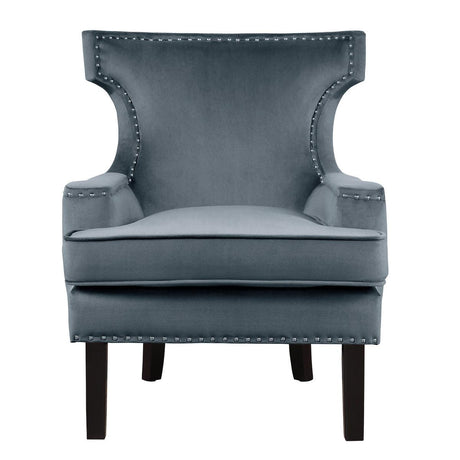 Lapis Gray velvet upholstered accent chair front view