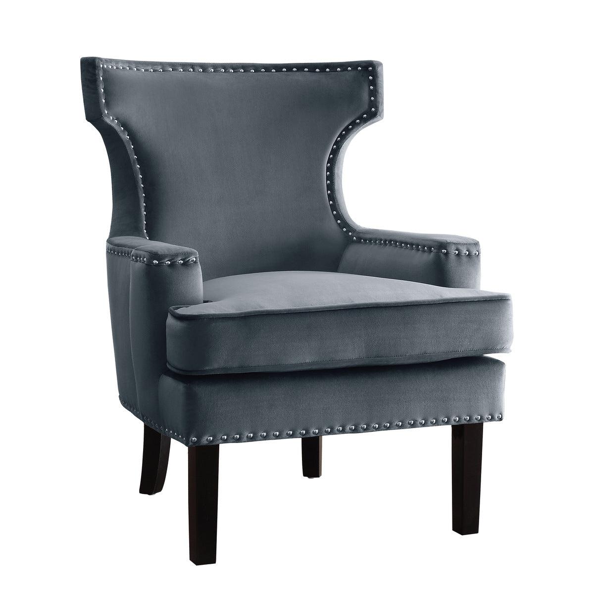 Lapis Gray velvet upholstered accent chair side view with armrest