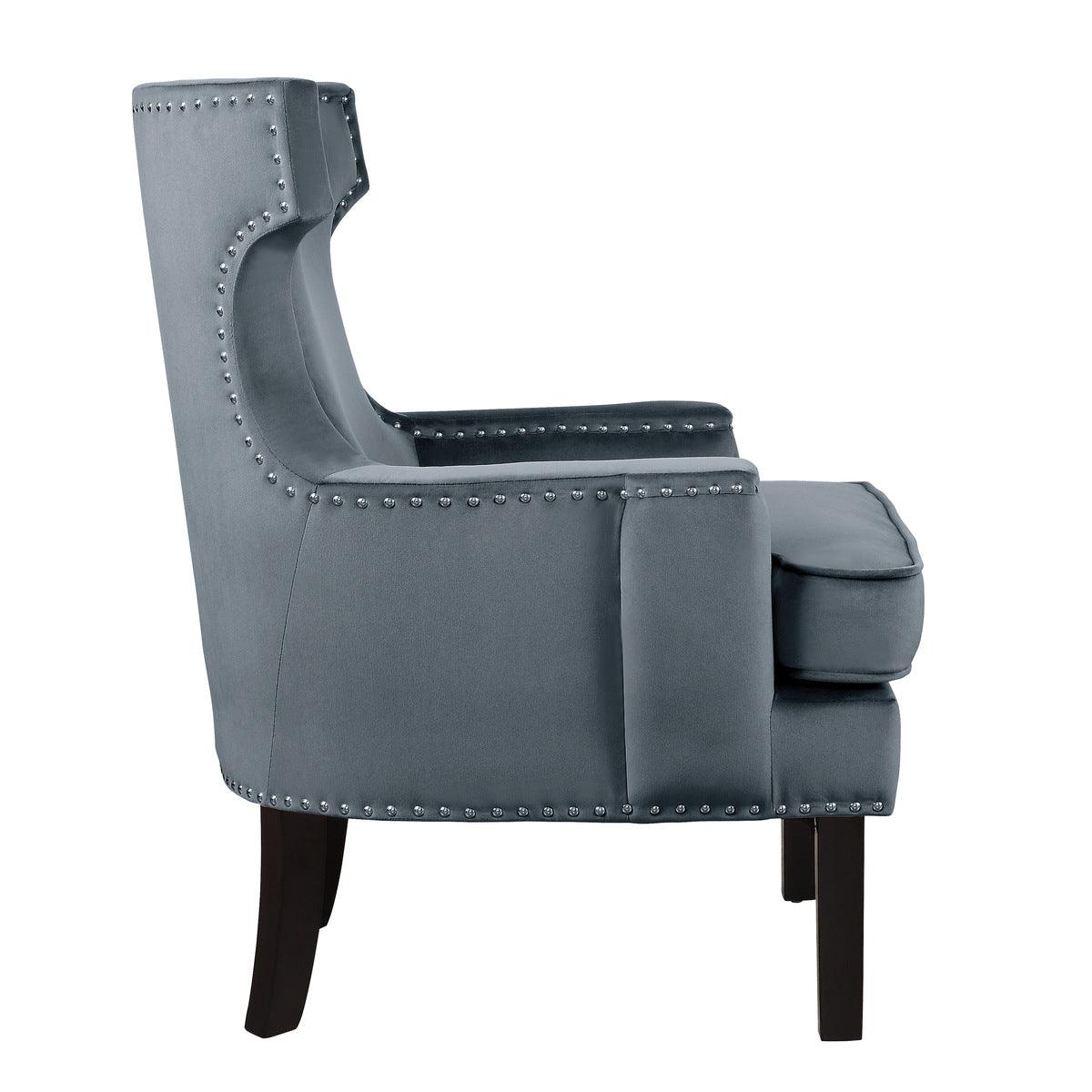 Lapis Gray velvet upholstered accent chair side profile