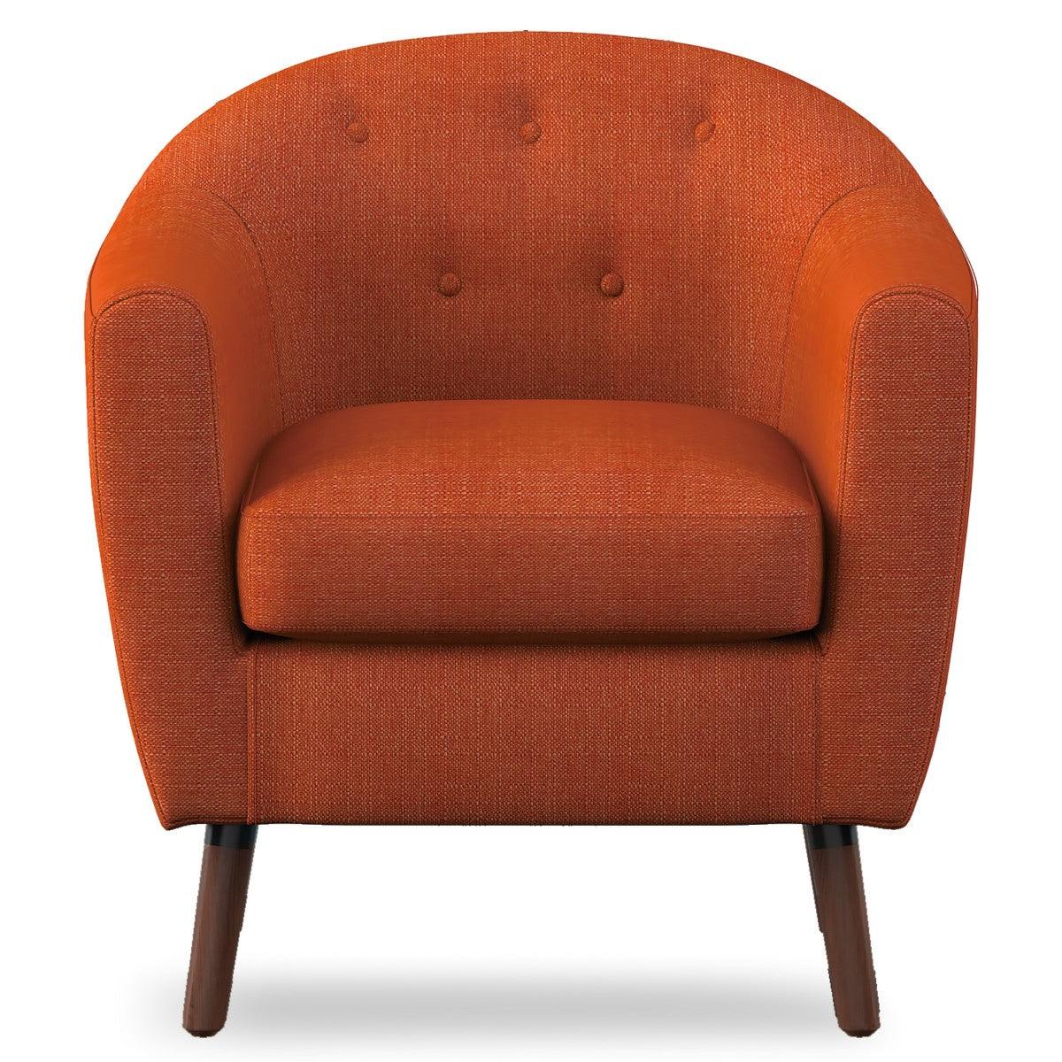 Lucille Orange Tufted Fabric Accent Chair front view with orange upholstery and wooden legs