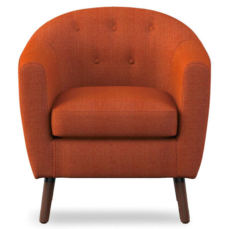 Lucille Orange Tufted Fabric Accent Chair front view with orange upholstery and wooden legs