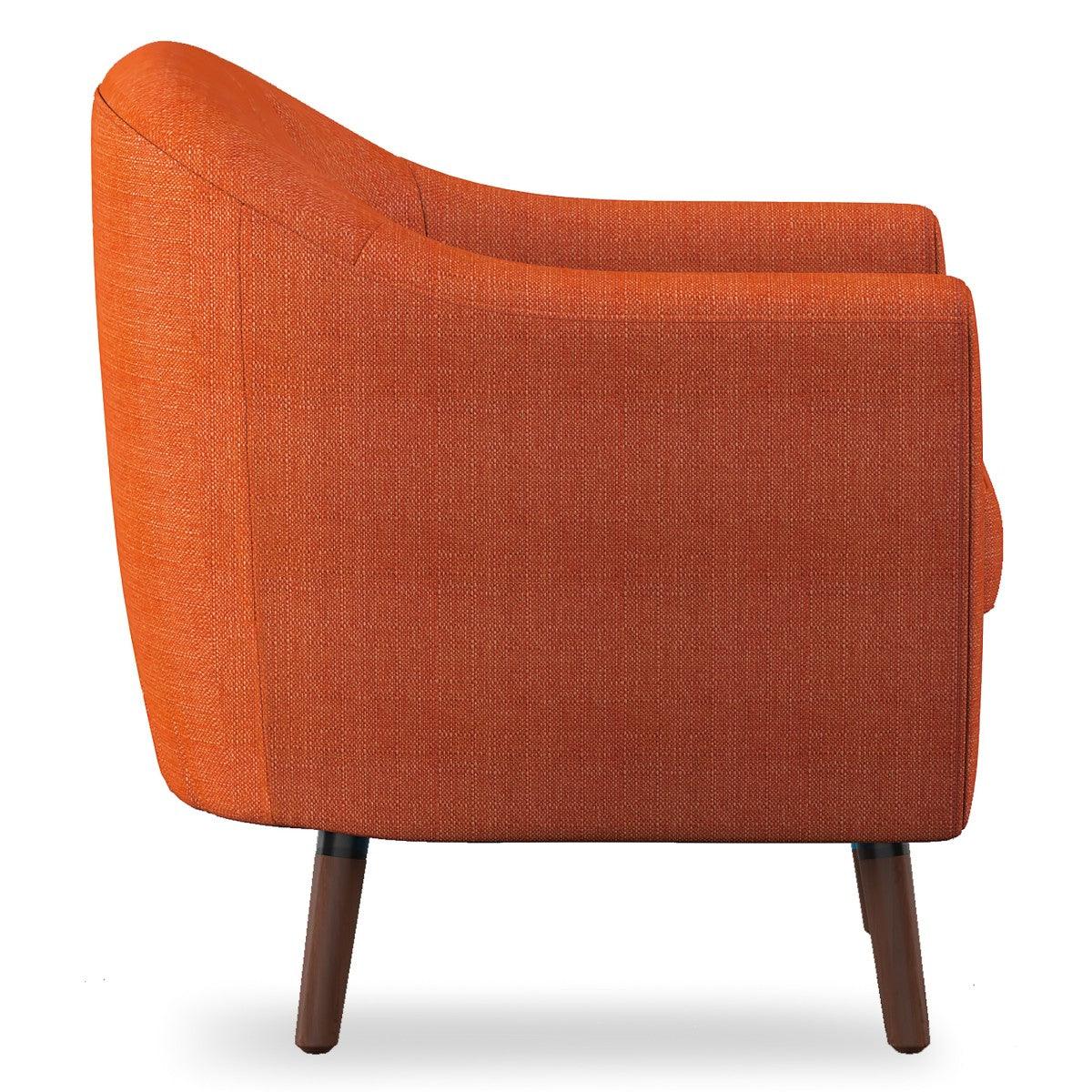 Back view of Lucille Orange Tufted Fabric Accent Chair featuring button-tufted contour and wood legs