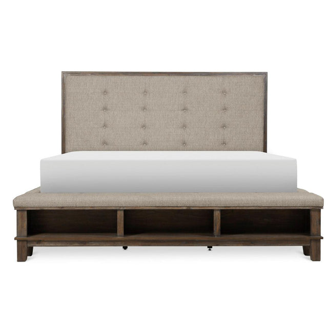 Gray tufted upholstered queen panel bed front view