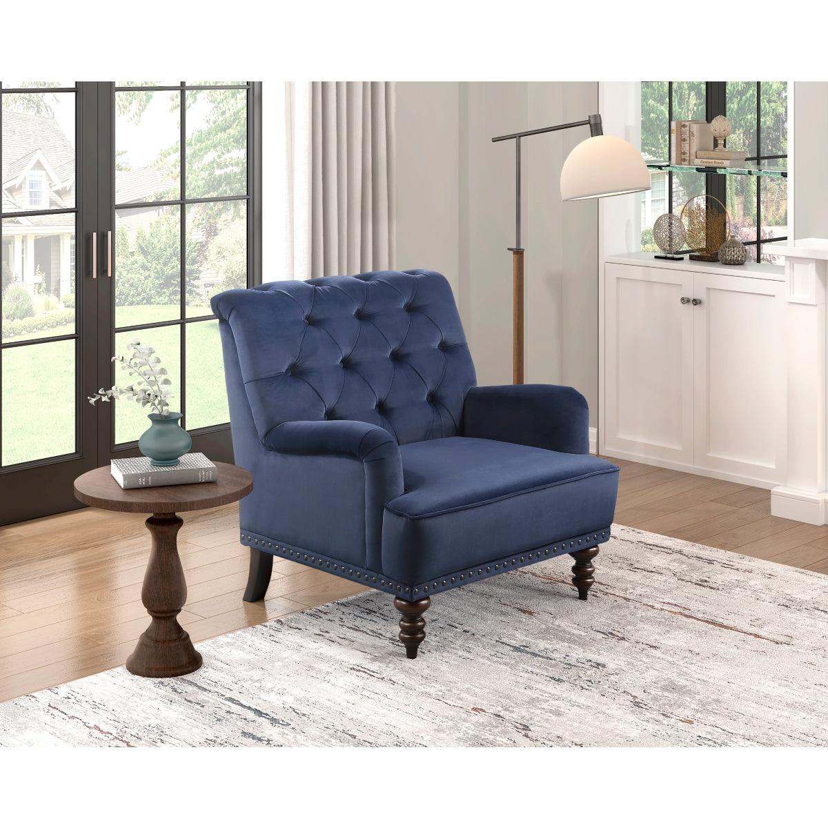 Holland Park dark blue velvet tufted accent chair full front view