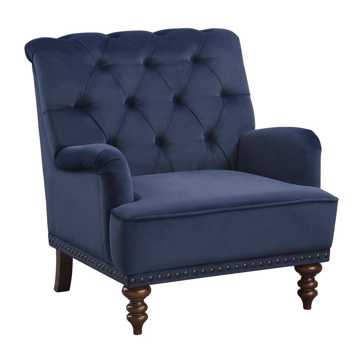 Holland Park dark blue velvet tufted accent chair side view