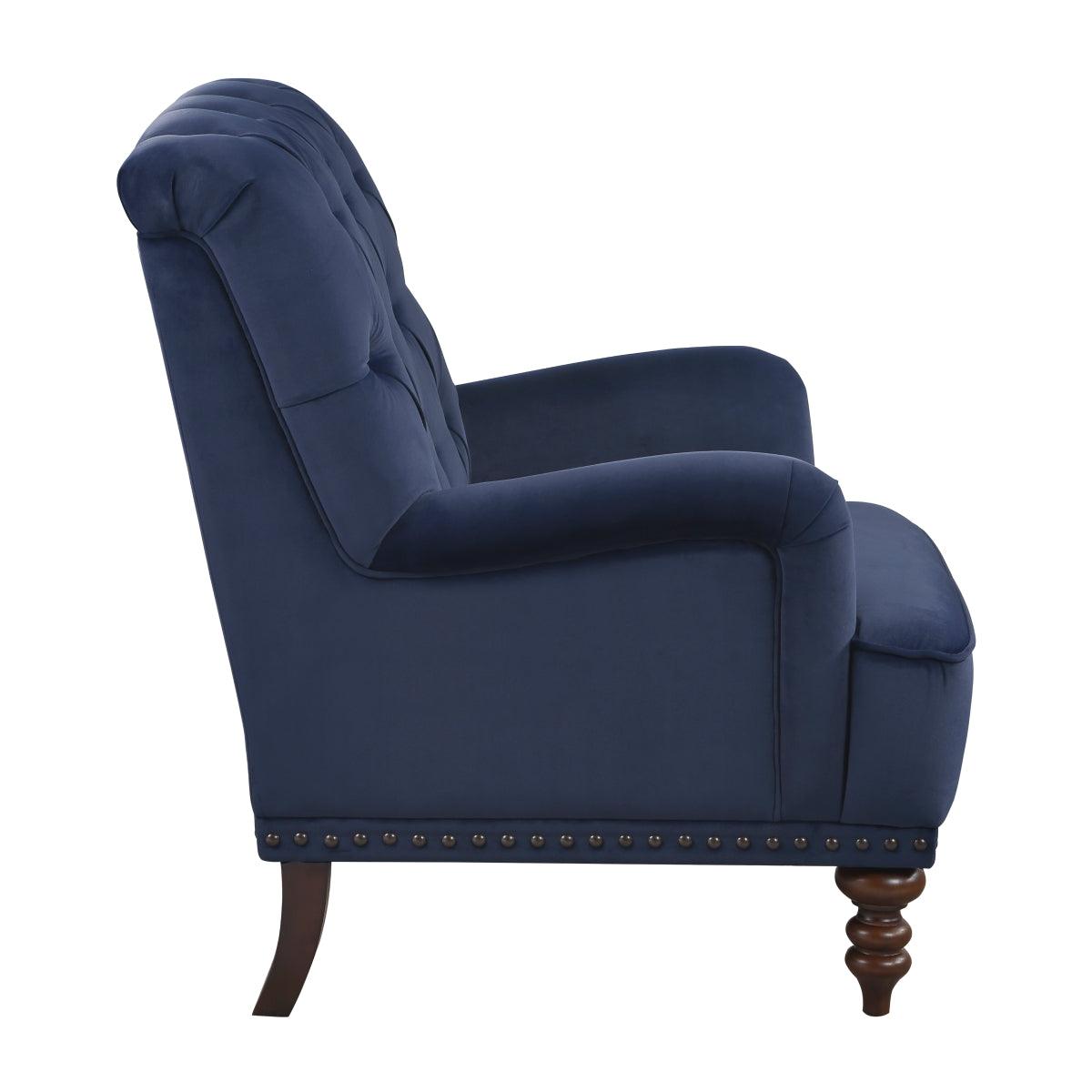 Holland Park dark blue velvet tufted accent chair side profile