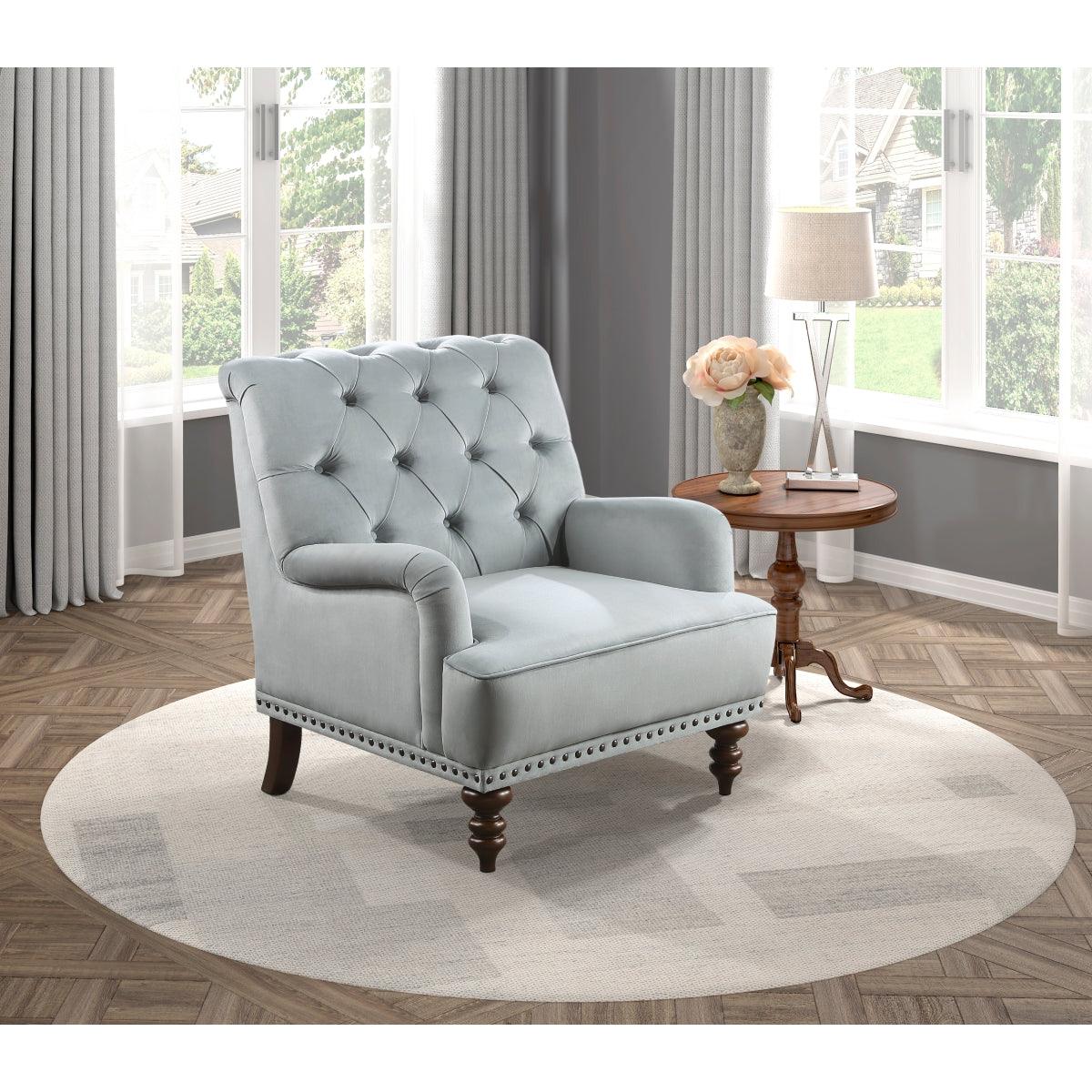 Holland Park gray velvet tufted accent chair full profile