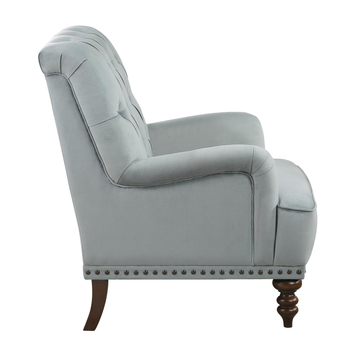Holland Park gray velvet tufted accent chair angled side view