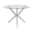 Vance round glass top dining table with chrome X-cross base angle view