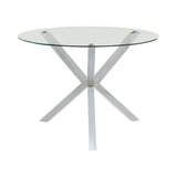Vance round glass top dining table with chrome X-cross base angle view