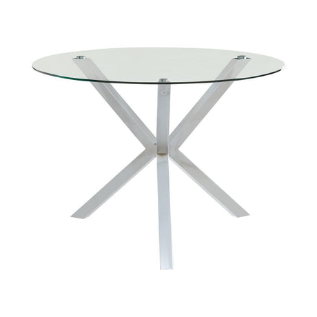 Vance round glass top dining table with chrome X-cross base angle view