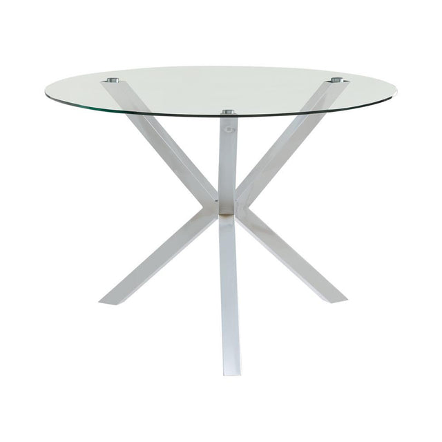 Vance round glass top dining table with chrome X-cross base angle view