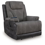 Side view of Ashley power lift recliner in slate microfiber