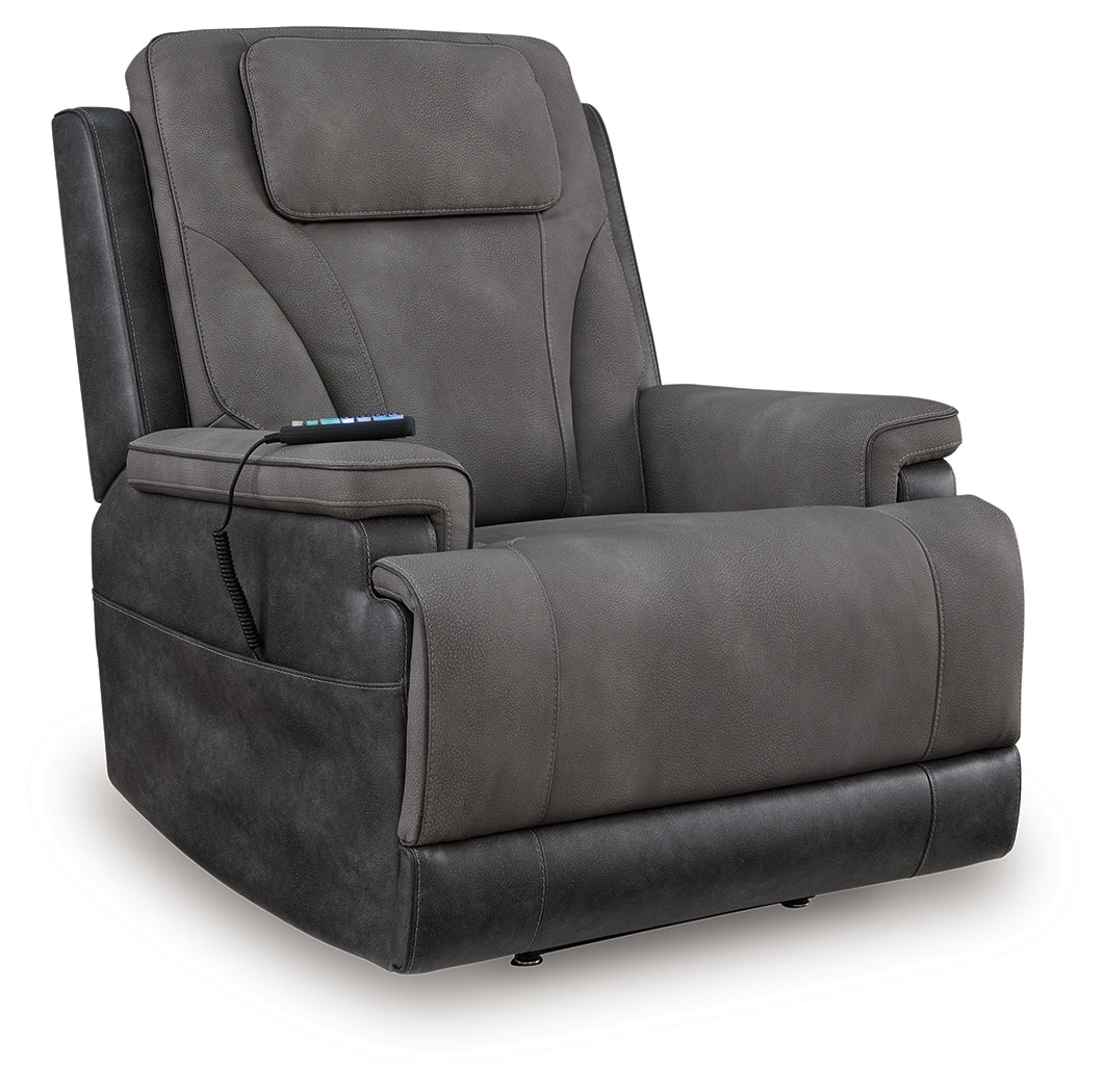 Side view of Ashley power lift recliner in slate microfiber