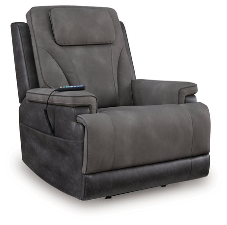 Side view of Ashley power lift recliner in slate microfiber