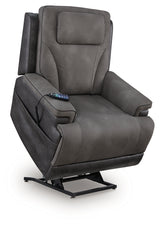 Upholstered slate microfiber power recliner angled front view