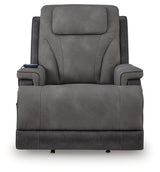 Side profile of Ashley power lift recliner in slate color