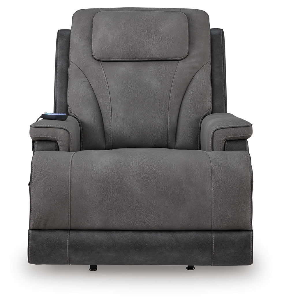 Side profile of Ashley power lift recliner in slate color